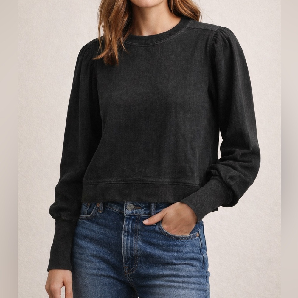 Apiece Apart Olimpio Sweatshirt Small Black Puff Sleeve Cropped Top $195 NWOT